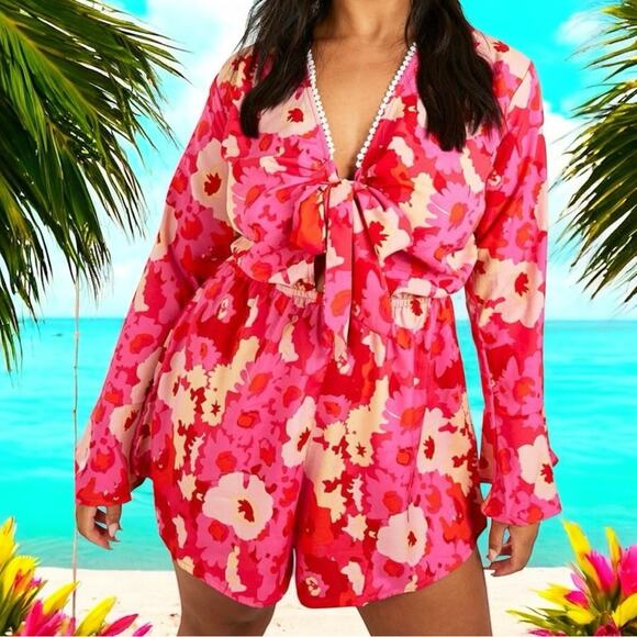 Boohoo NWT gorgeous Pink Floral Plus Size Romper Playsuit Sold Out Size 20 - Picture 1 of 6